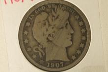 1907-D SILVER BARBER HALF DOLLAR VERY GOOD WITH