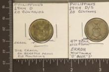ERRORS 2 -1944 US PHILIPPINES SILVER 20 CENTAVOS