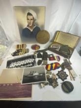 US MILITARY COVERS, PHOTOS, RIBBONS & STERLING PIN