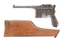 (C) A SCARCE MAUSER C96 RED 9 SEMI AUTOMATIC PISTOL WITH STOCK.