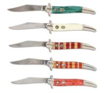 LOT OF 5: IMPERIAL KNIFE COMPANY FIXED GUARD TOOTHPICK AUTOMATIC KNIVES WITH DISPLAY CASE.