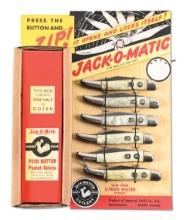 LOT OF 6: AUTOMATIC KNIVES ON REPRODUCTION JACK-O-MATIC DISPLAY CARD.
