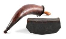 REVOLUTIONARY WAR ERA ARTILLERY HORN WITH SCOTTISH BUTTON AND CARTRIDGE BOX.