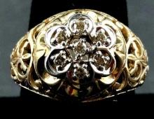 7 Diamond Kentucky Cluster RIng with Filigree Sides in 14K Yellow Gold