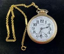 Illinois Bunn Special 60 hr Yellow Gold Filled Pocket Watch with Chain