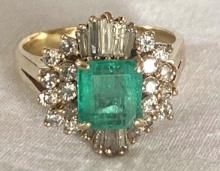14K Yellow Gold Natural Emerald and Dimond Ring