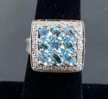 14K White Gold Diamond and Aquamarine Ring