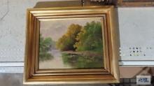 Oil on board painting. River scene, by Elmer. Frame measures 11 in. by 13 in.