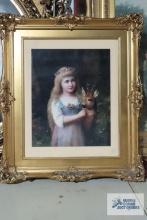C. Reichent, girl with deer framed print. Frame measures 19 in. by 22 in. Back of print marked 1 of