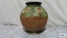 Orange and green floral planter. approximately 10-1/2 in. tall, opening is 5-1/2 in. wide.