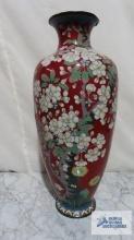 Metal coated painted Oriental floral vase. approximately 18-1/2 in. tall, opening is 4-1/2 in. wide.
