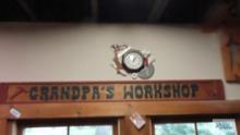 Grandpa's Workshop wooden sign and battery powered clock. Bring tools for removal
