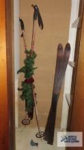 antique skis and poles used as decorations