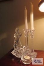 Glass candlesticks, angel figurine, and candle holders