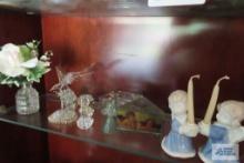 Miniature glass figurines, glass ashtrays, glass cherub motif trinket box, etc