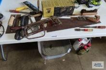 Stanley miter box, saws, hacksaws, concrete tools, chisels, etc