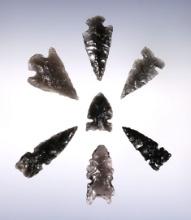 Nice set of 7 assorted arrowheads made from Obsidian. Found in Oregon. Largest is 1 1/8".
