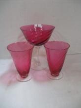 Cranberry Swirl Art Glass Footed Goblets and Compote
