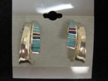 Navajo Turquoise, Coral and Lapis Sterling Silver Earrings