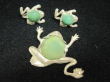 Vintage Mexican Sterling Silver Leaping Frog Pin and Earring Set