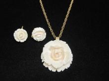 Pre-Ban Fine Carved Ivory Pendant and Earrings on 24" Gold Filled Chain