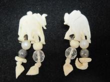 Pre-Ban Carved Ivory Earrings with Elephants on top