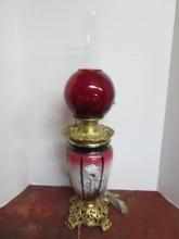 Electrified Handpainted Banquet Lamp with Ruby Red Ball Glass Shade