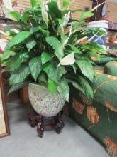 Artificial Peace Lily Plant in Large Porcelain Pot on Wood Stand