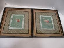 Pair of Vintage Silk? Fabric Panels in Bamboo Frames