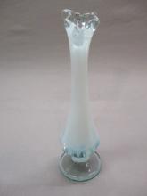 Iridescent Blue Stretch Glass Footed Bud Vase 7 1/2"