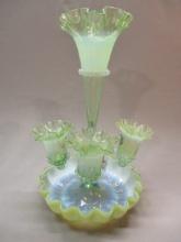 Vintage Green/Yellow Vaseline Glass Epergne 15 1/2"  - 1 Arm has been repaired