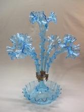 Beautiful Vintage Blue Glass Epergne w/5 Ruffled Horns 20'