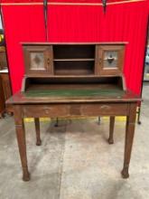 Antique Tiger Oak Writing Desk w/ 2 Glass Fronted Cupboards, Decorative Green Top & 2 Drawers. See