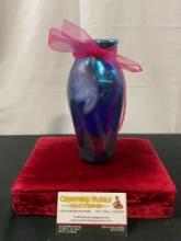 Vintage Dennis Modes Art Glass Vase, Signed on bottom, Blue & Green w/ iridescent finish