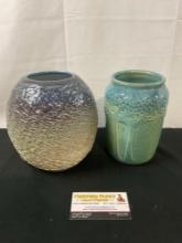 Pair of Glazed Stoneware Vases w/ Textured finish, Purple/Beige Swirl & Blue/Seafoam Green Trees