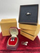 Michael Dawkins Sterling Pebble pearl ring & 2 x silver & Pearl Earrings sets / 1 is 925 & 14k gold
