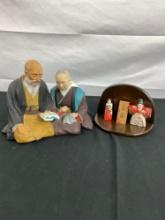 Hakata Urasaki Dolls Sculpture of Elderly Couple, & Japanese Clay Figures on wood stand - See pics