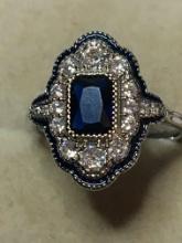 .925 Sterling Silver Ladies Act Deco 1 Ct Sapphire Ring