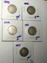 (5) Liberty (v-nickels) 1907, 06, 04, 00, 02, 1895