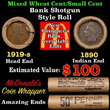 Lincoln Wheat Cent 1c Mixed Roll Orig Brandt McDonalds Wrapper, 1919-d end, 1890 Indian other end