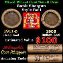 Small Cent Mixed Roll Orig Brandt McDonalds Wrapper, 1911-p Lincoln Wheat end, 1905 Indian other end