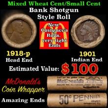 Small Cent Mixed Roll Orig Brandt McDonalds Wrapper, 1918-p Lincoln Wheat end, 1901 Indian other end
