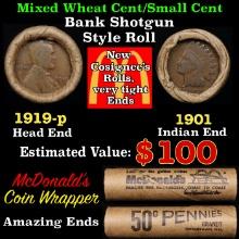 Small Cent Mixed Roll Orig Brandt McDonalds Wrapper, 1919-p Lincoln Wheat end, 1901 Indian other end
