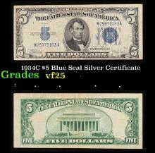 1934C $5 Blue Seal Silver Certificate Grades vf+