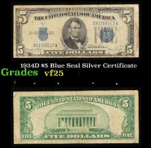 1934D $5 Blue Seal Silver Certificate Grades vf+