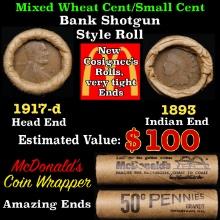 Small Cent Mixed Roll Orig Brandt McDonalds Wrapper, 1917-d Lincoln Wheat end, 1893 Indian other end