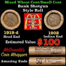 Small Cent Mixed Roll Orig Brandt McDonalds Wrapper, 1919-d Lincoln Wheat end, 1902 Indian other end