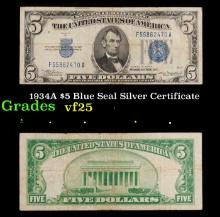 1934A $5 Blue Seal Silver Certificate Grades vf+