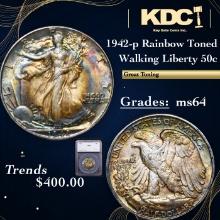 1942-p Walking Liberty Half Dollar Rainbow Toned 50c Graded ms64 By SEGS