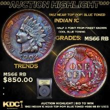 ***Auction Highlight*** 1902 Indian Cent Near Top Pop! Blue Toned 1c Graded GEM+ Unc RB By USCG (fc)